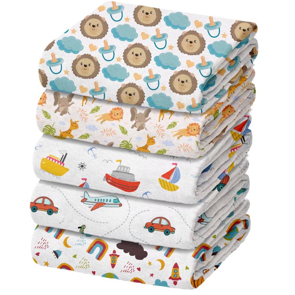 Pacote com 5 Fraldas de Pano de Luxo Marca Minasrey Estampada para Bebês e Recém-Nascidos - 70x70cm - 100% Algodão Duplo
