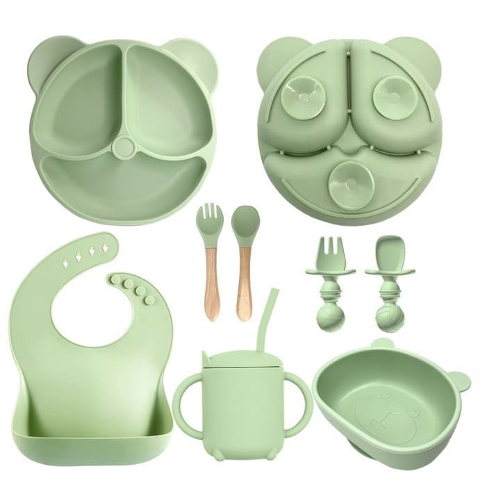 Kit 8pçs Talheres de Silicone p/ Bebê com Ventosa, Colher, Garfo, Canudo e Babador Infantil